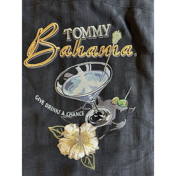 Tommy Bahama Silk Shirt Men's Sz M Black Holliday Embroiled “Give Drinks Chance” - Picture 1 of 11